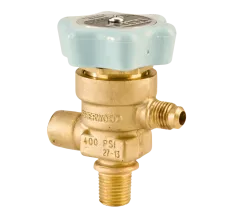 Refrigerant Valve, 1/4" SAE Flare Outlet, 3/8" Inlet, 600 PSI STDP, + Outlet Cap